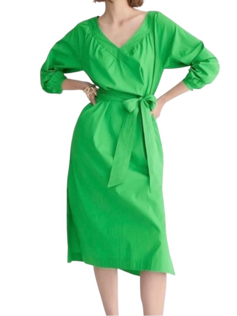 J.Crew Tie-Waist Cotton Poplin Dress in Green XS